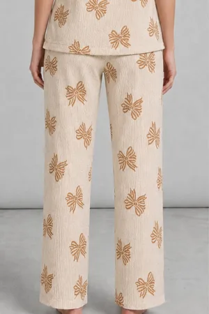 Kadın Kısa Kol Desenli Ekru Pijama Takımı 4739