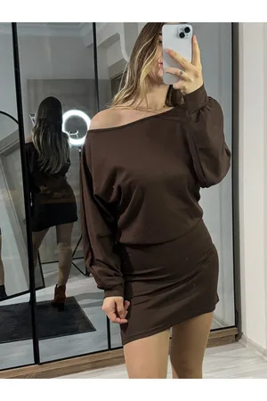 Modal Kumaş Kayık Yaka Mini Elbise - Turuncu