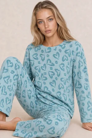 Kadın Desenli Uzun Kollu Mint Yeşili Pijama Takımı 4760