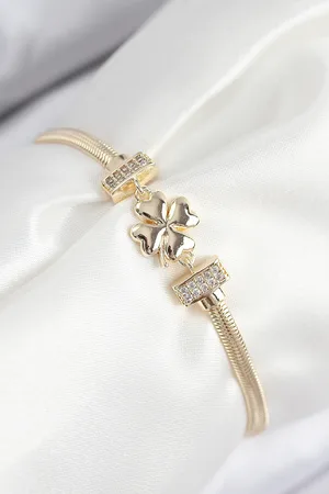 Pirinç Zirkon Taşlı Yonca Model Gold Renk Kadın Bileklik