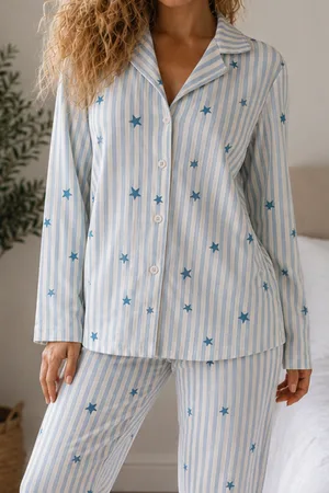 Kadın Örme Gömlek Yaka Mavi Pijama Takımı