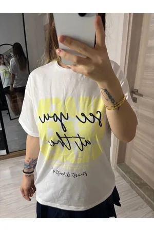 Baskılı Sıfır Yaka Oversize Basic Tişört - Sarı