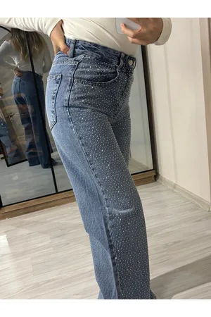 Ön Full Taşlı Wide Leg Koyu Kar Yıkama Pantolon - Mavi