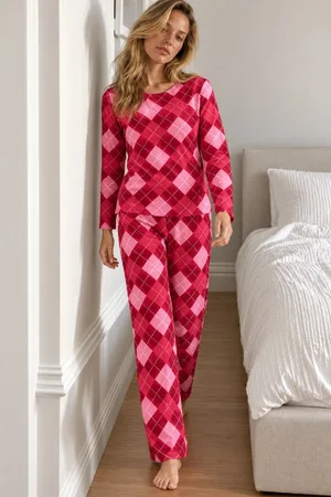 Kadın Çizgili Comfort Fit Kırmızı Pijama Takımı