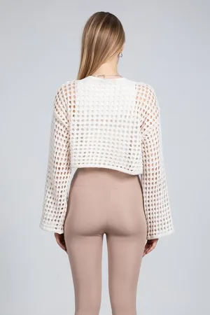 Ekru Ajurlu Crop Bluz - Ekru