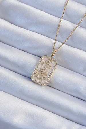 316L Çelik Zincir Gold Renk Zirkon Taşlı Çerçeveli Tarot Kolye