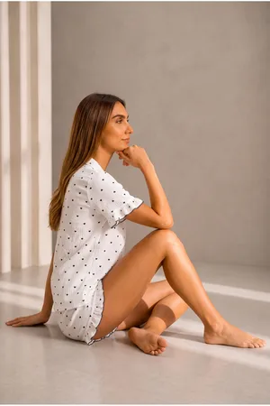 Kadın Günlük Düğmeli V Yaka Beyaz Pijama Takımı