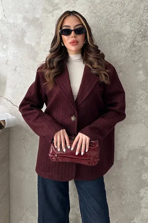 Bordo Çizgili Yün Ceket