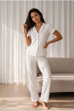 Kadın Loose Uzun Paça Pamuk Kar Beyaz Pijama Takımı