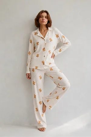 Kadın Gömlek Yaka Düğmeli Gece Giyimi Beyaz Pijama Takımı