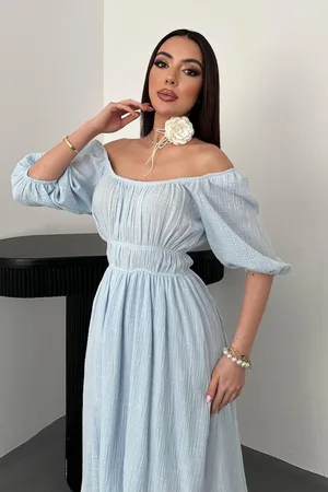 Bebe Mavi Yakası Büzgülü Müslin Keten Elbise - Bebe Mavi