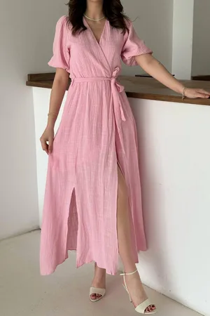 Pembe Kruvaze Yaka Müslin Keten Elbise - Pembe