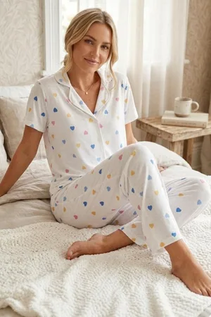 Renkli Kalp Desenli Düğmeli Kısa Kollu Pijama Takımı 4591 Kar Beyaz