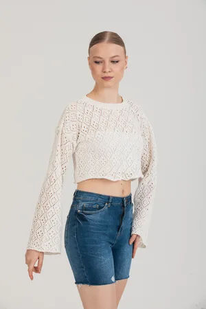 Feminen Ajurlu Dokulu Beyaz Crop Bluz | Standart Beden - Beyaz