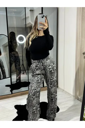 Saten Leopar Desen Bol Paça Pantolon - Gri