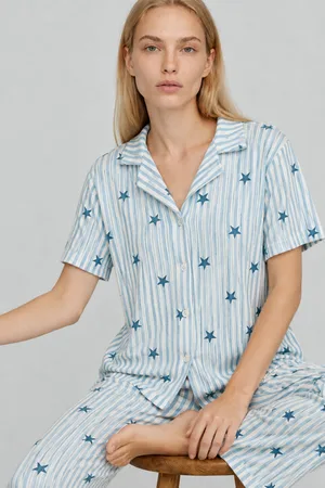 Kadın Kısa Kollu Rahat Mavi Pijama Takımı 4728