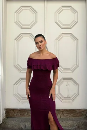 Krep Straplez Abiye Kumaş Yırtmaçlı Elbise