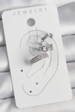 Pirinç Gümüş Renk Zirkon Taşlı 3'Lü Zincir Sarmal Model Kadın Kıkırdak Küpe