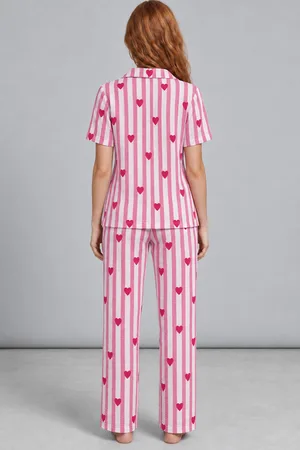 Kadın Rahat Kalıp Gömlek Yaka Pembe Kalpli Pijama Takımı 4769