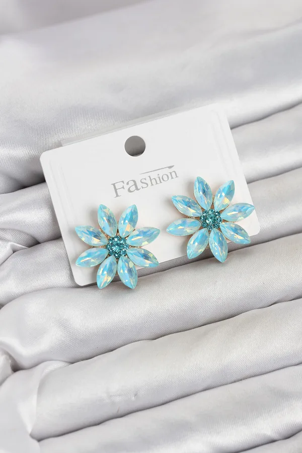 Buz Mavisi Renk Kristal Taşlı Lotus Çiçek Model Kadın Küpe
