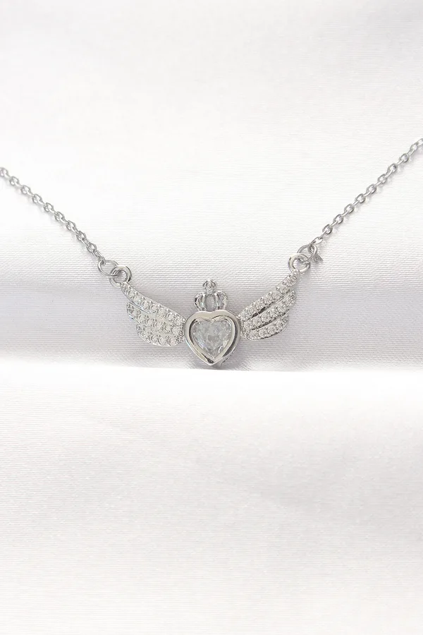 316L Çelik Silver Renk Zirkon Taşlı Kalpli Kanat Kolye