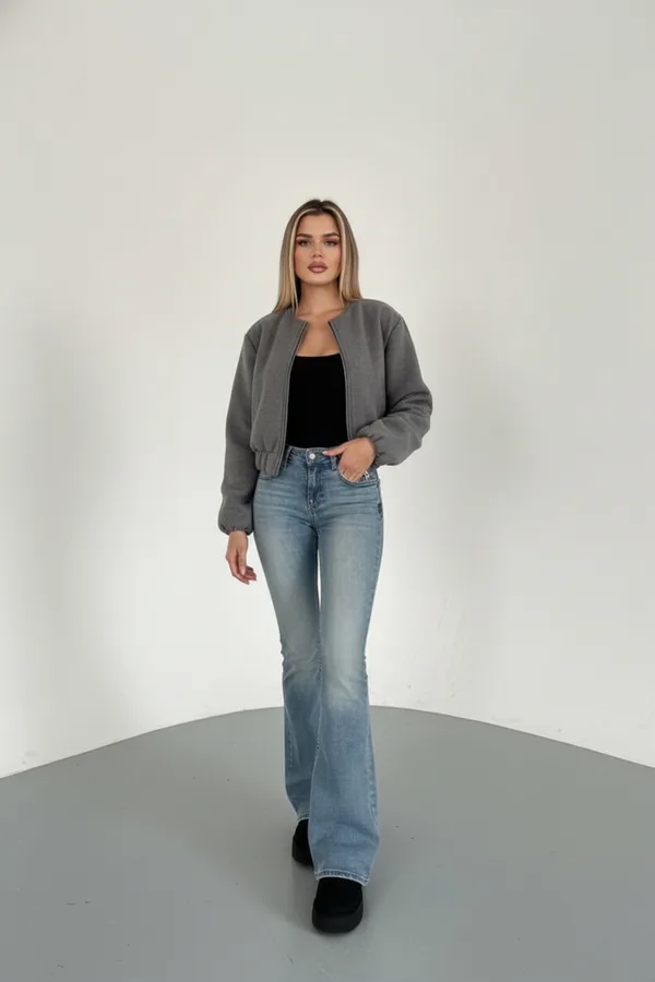 Kadın Ceket Crop Basic Gri Fermuarlı Koyu Bomber