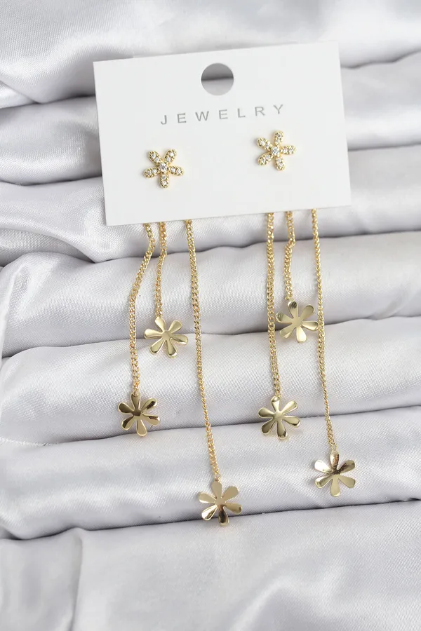 Papatya Model Gold Renk Pirinç Sallantılı Kadın Küpe
