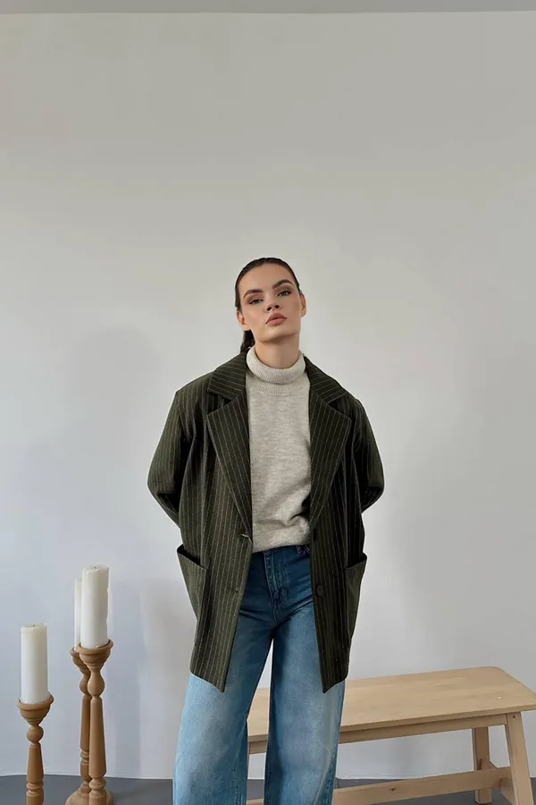 Haki Çizgili Oversize Ceket