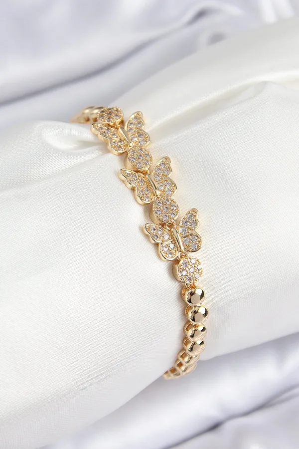 Pirinç Zirkon Taşlı Kelebek Model Gold Renk Kadın Bileklik