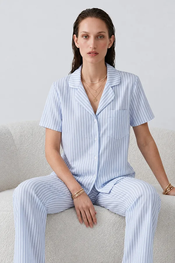 Regular V Yaka Günlük Mavi Pijama Takımı