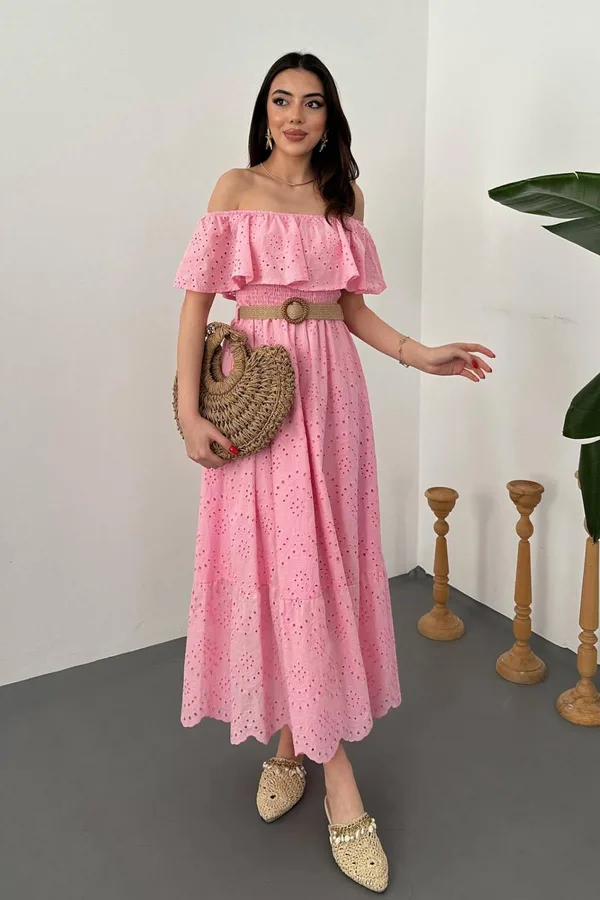 Pembe Madonna Yaka Fisto Elbise - Pembe