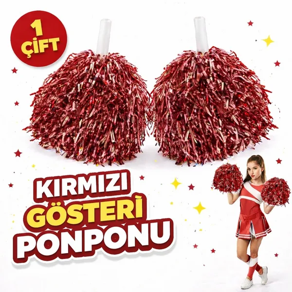 1 Çift ( 2 Adet ) Kırmızı Renk 23 Nisan 19 Mayıs 29 Ekim Okul Gösteri Ponponları Ekstra Doun