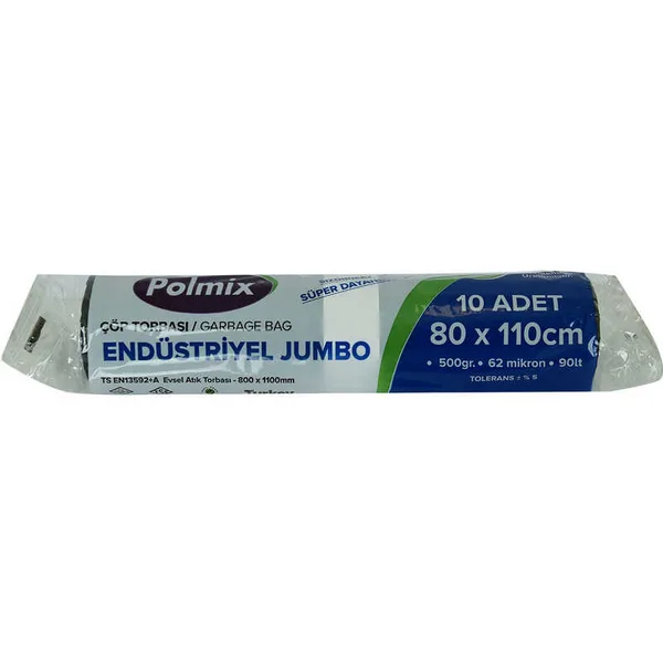 Torbası Jumbo Boy 80x110Cm 500Gr 62Mikron 90Lt Siyah Rulo 10 Adet