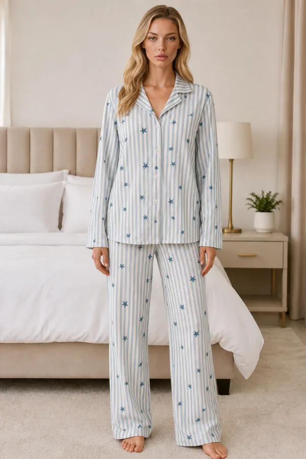 Kadın Casual Esnek Bol Mavi Pijama Takımı 4671