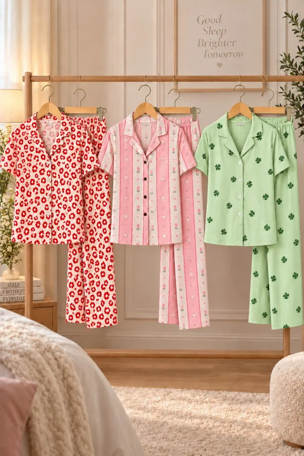 3 Adet Kadın Kısa Kol Comfort Pijama Takımı Yeşil