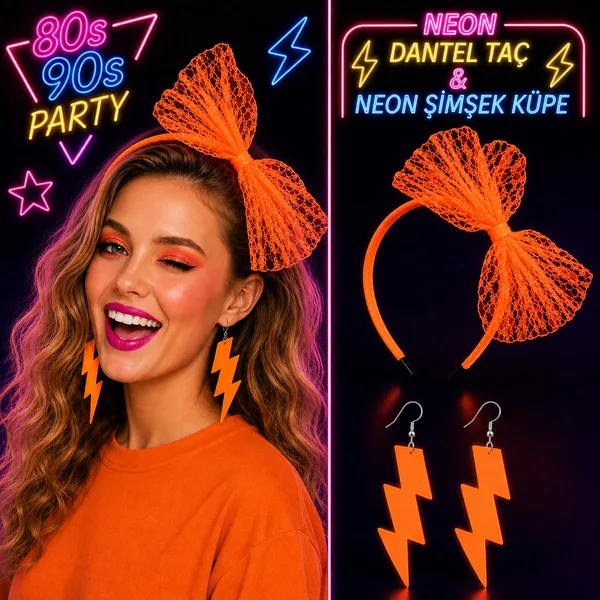 Neon Tcu Dantel Taç ve Şimşek Küpe 80'ler 90'lar Parti Seti