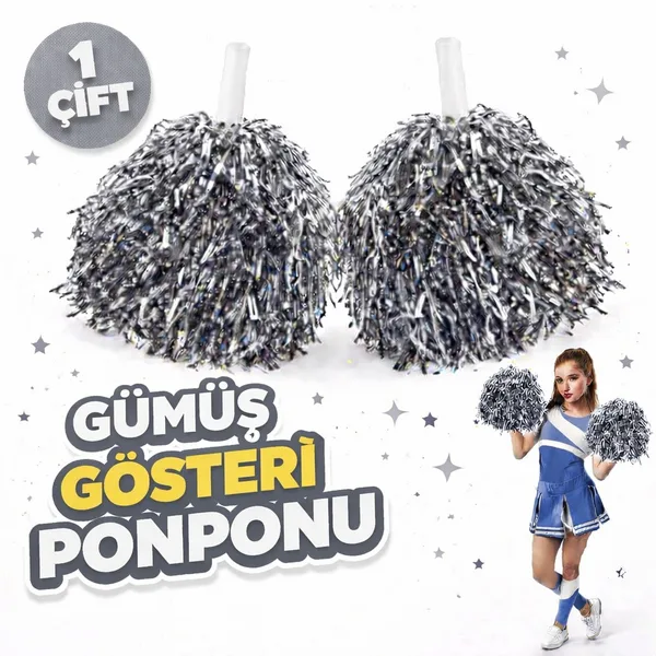 1 Çift ( 2 Adet ) Gümüş Renk 23 Nisan 19 Mayıs 29 Ekim Okul Gösteri Ponponları Ekstra Doun