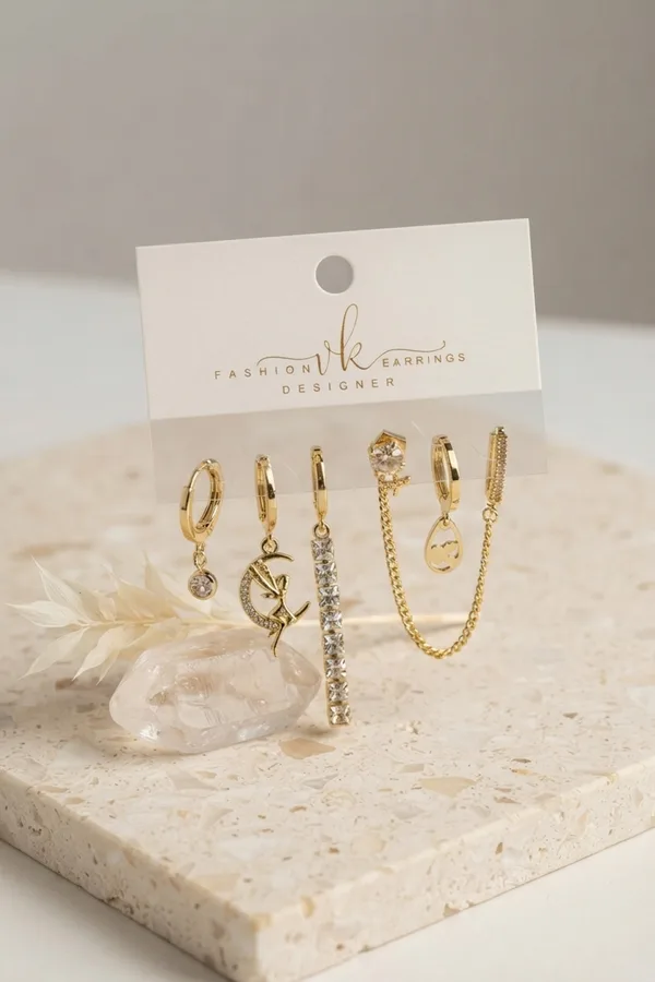 Gold Renk Pirinç Zirkon Taşlı 6'lı Küpe Set Kombini