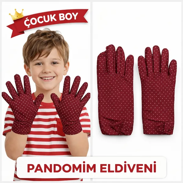 Çuk Boy Pandomim Eldiveni Beyaz Puantiyeli Bordo Renk Gösteri Eldiveni 23 Nisan 19 Mayıs
