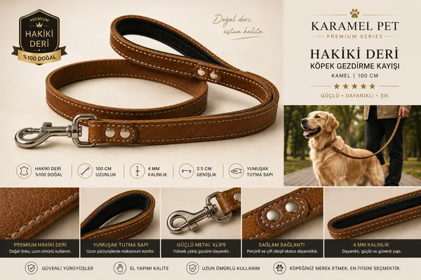 Hakiki Deri Köpek Gezdirme Kayışı Kamel 100 cm Yumuşak Doulu Tutma Saplı