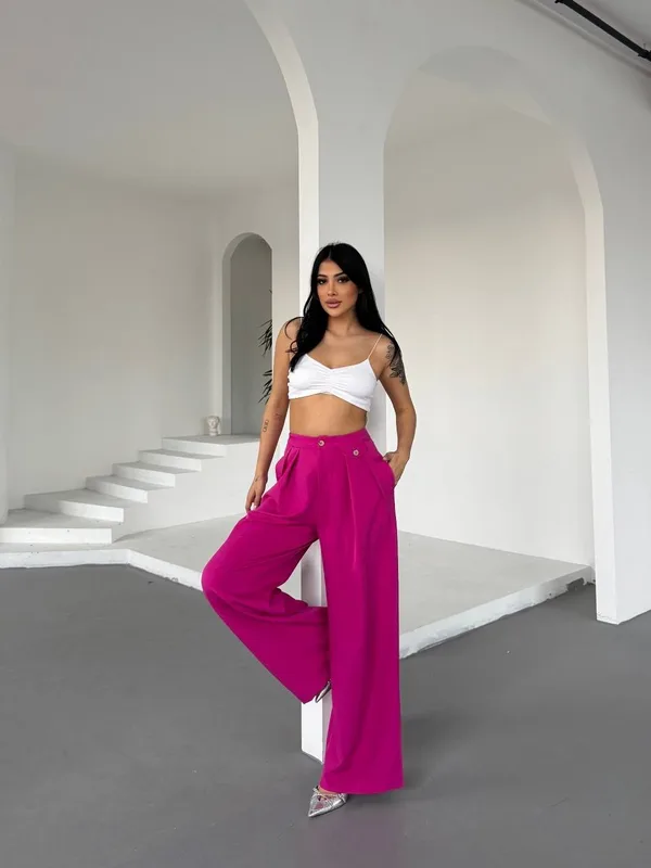 Yüksek Bel Bol Paça Dökümlü Kumaş Pantolon-Pembe - Pembe