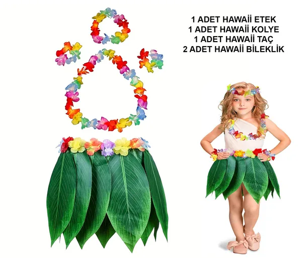 Çuk Hawaii Kostüm Seti - Yaprak Etek & Hawaii Set - 5 Parça