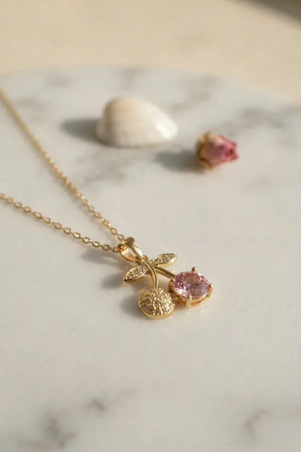 316L Çelik Zincir Gold Renk Pembe Kiraz Model Kolye