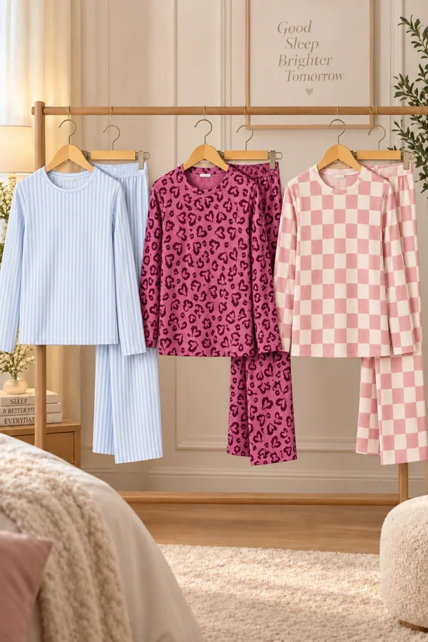 3'Lü Kadın Çizgili Regular Fit Pijama Takımı Lila