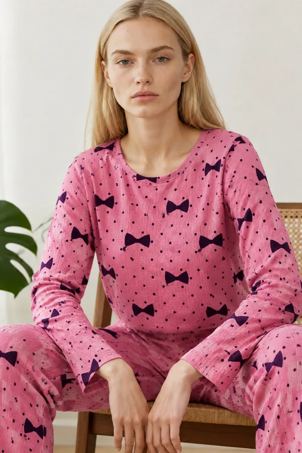 Kadın Desenli Nefes Alan Pembe Pijama Takımı 4694