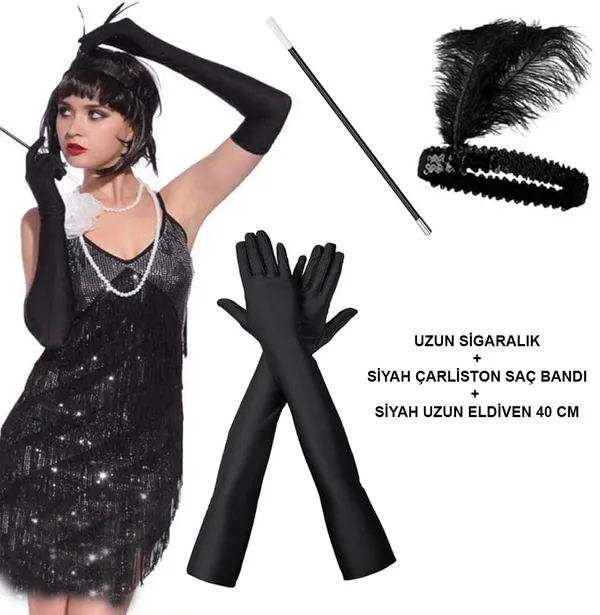 1920'ler Gatsby Aksesuar Seti – Siyah Charleston  Bandı, Uzun Eldiven & Sigaralık