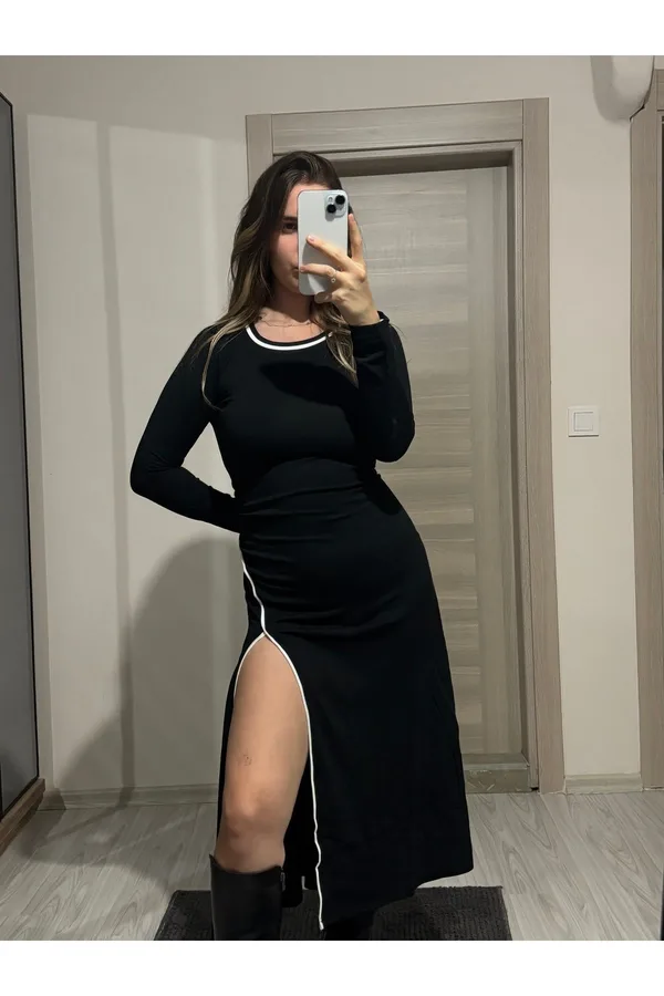 Bİye Detay Maxi Boy Yırtmaçlı Elbise - Siyah