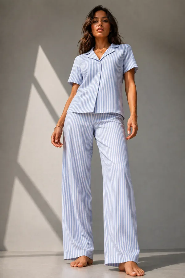 Kadın Klasik Doğal Düğme Gece Mavi Pijama Takımı