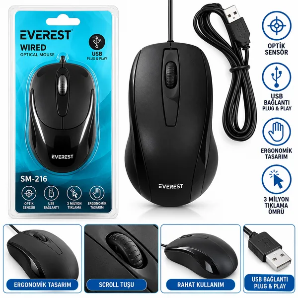 Kablolu USB Işıklı Optik Mouse 1200 DPI