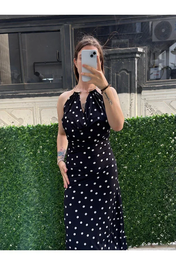Buzzy Kumaş ZR Midi Boy Boyun Detay Puantiyeli Elbise - Siyah